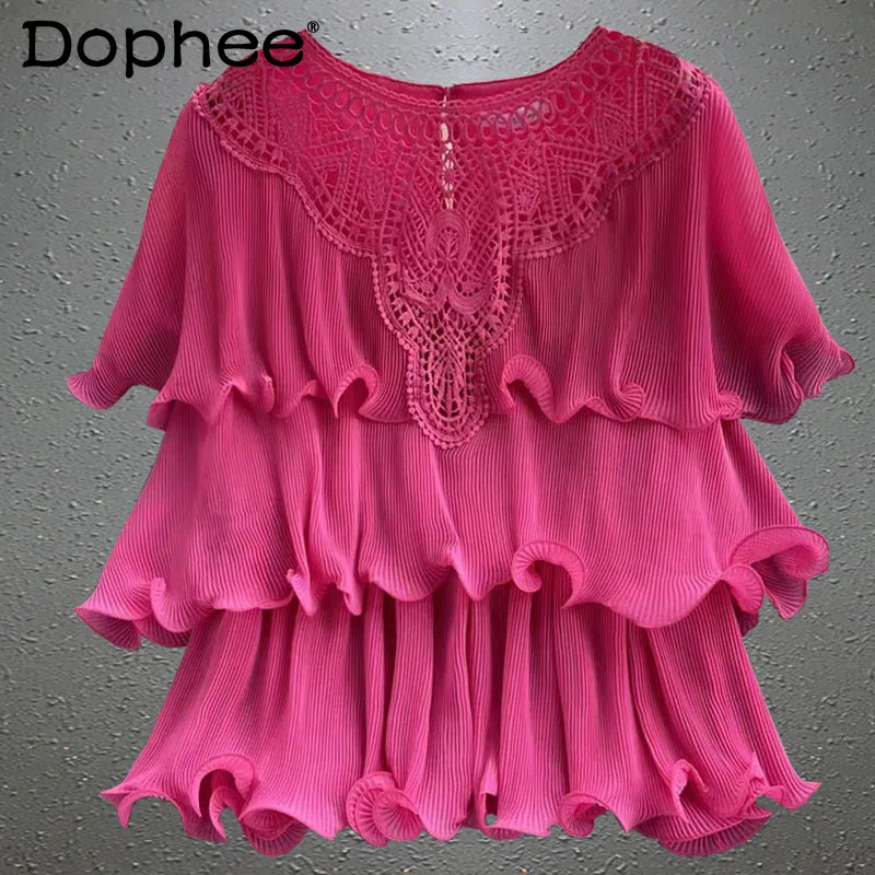 Sweet Round Neck Ruffled Stitching Lace Blouse Women Loose Pleated Chiffon Shirt Pullover Blusas Female 2022 Summer New Clothes
Sweet Round Neck Ruffled Stitching Lace Blouse Women Loose Pleated Chiffon Shirt Pullover Blusas Female 2022 Summer New Clothes