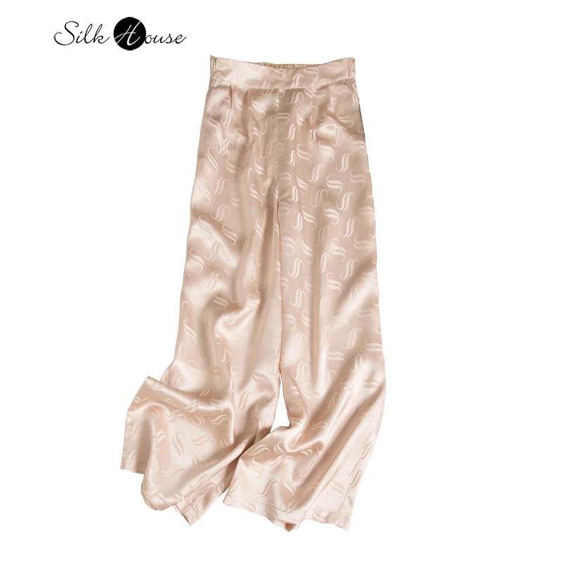 

2022 New Heavy Silky Smooth 100%Natural Mulberry Silk Jacquard Satin Nude Powder Loose Waist Casual Pants Wide Leg Pants