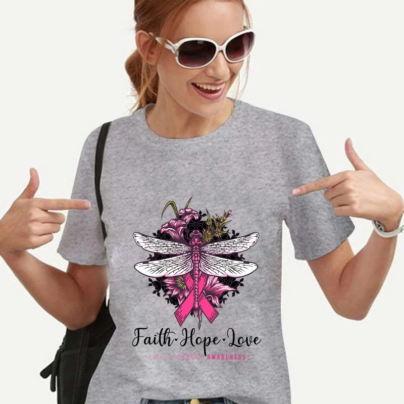 

Y2k Clothes T-shirts Dragonfly Faith Hope Love Breast Cancer Awareness Print Women Clothes Tops Graphic T Shirts Female Clothes