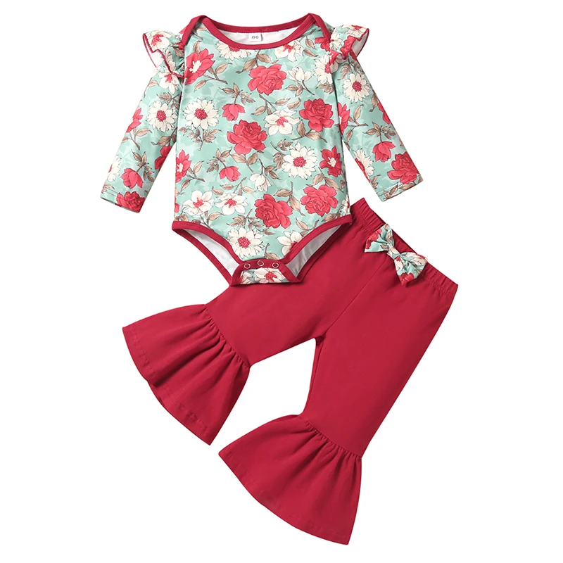 Infant Girls 2PCS Spring Romper Set, Long Sleeve Flowers Ruffle Snap Romper + Long Bow Bell-Bottom Pants
Infant Girls 2PCS Spring Romper Set, Long Sleeve Flowers Ruffle Snap Romper + Long Bow Bell-Bottom Pants