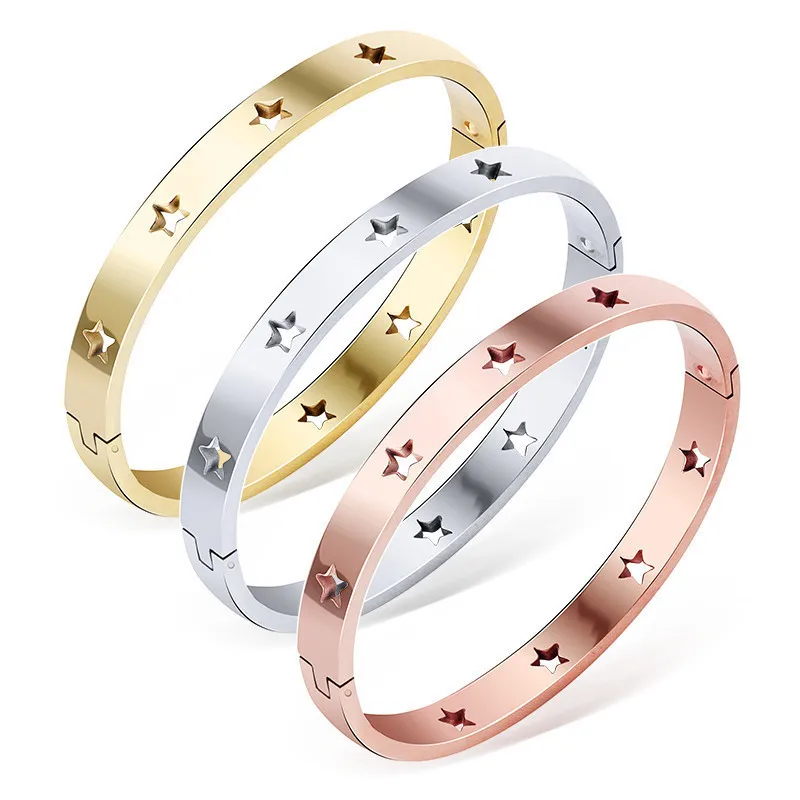 Gold Plated Stainless Steel Bracelets Star Hallow Silver Design Metalic Bangle Cuff Jewelry for Women Teenager Girls Party Wear
Gold Plated Stainless Steel Bracelets Star Hallow Silver Design Metalic Bangle Cuff Jewelry for Women Teenager Girls Party Wear