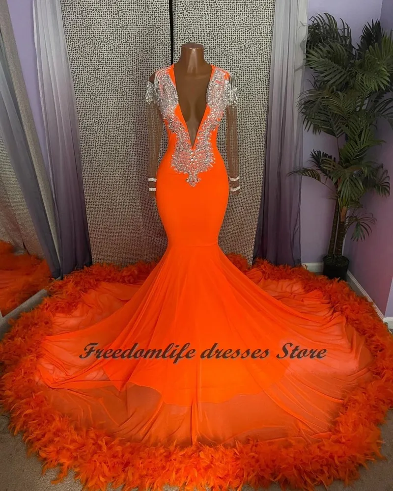 

Black Girls Feathers Orange Prom Dresses For Women 2022 Beading Applique Evening Gowns Long Sleeves Wedding Guest Party Wear