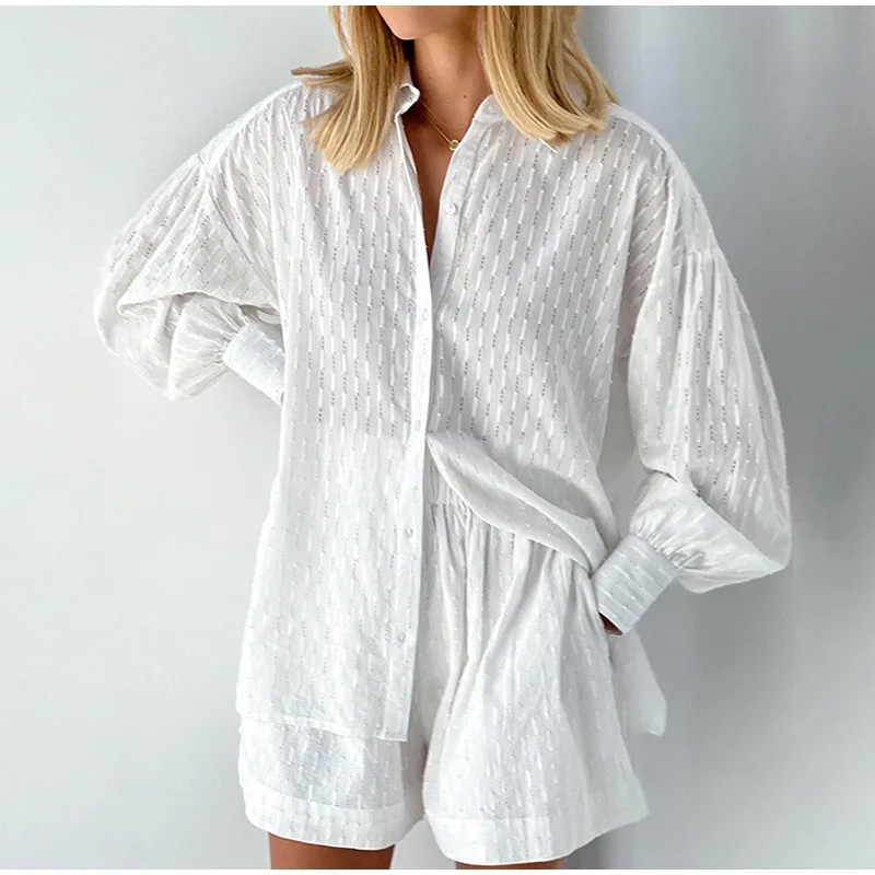Summer Hollow Shirt Mini Shorts Suit Women Elegant Long Sleeves Shirts Shorts Two Pieces Set Female 2022 Casual Lady Outfits
Summer Hollow Shirt Mini Shorts Suit Women Elegant Long Sleeves Shirts Shorts Two Pieces Set Female 2022 Casual Lady Outfits