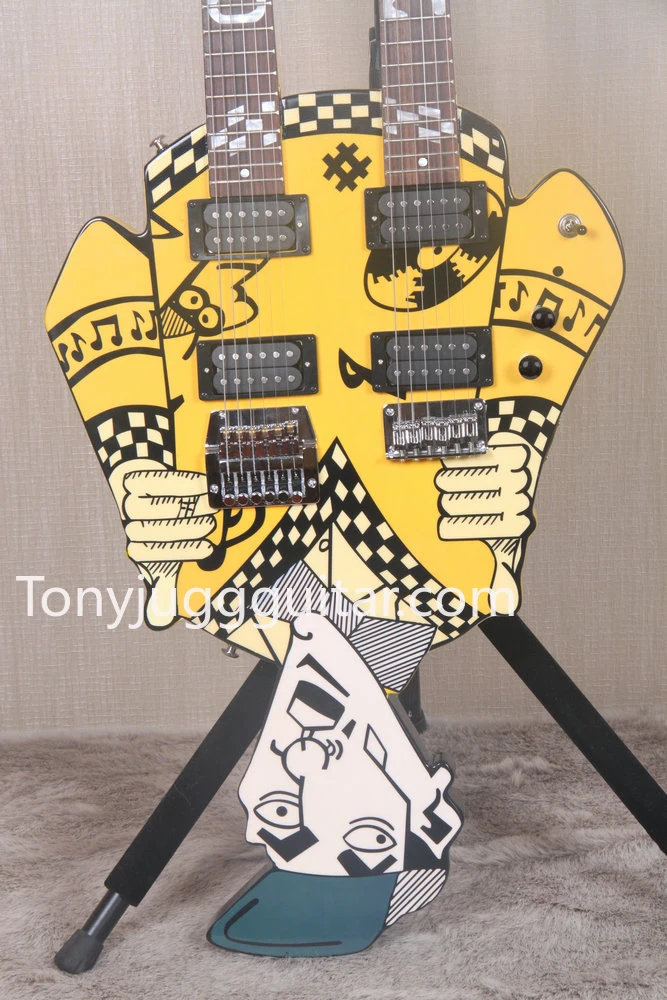 

Custom Cheap Trick's Rick Nielsen Uncle Dick Double Neck Yellow Electric Guitar White Pearl Inlay,Kahler Bridge on the left neck