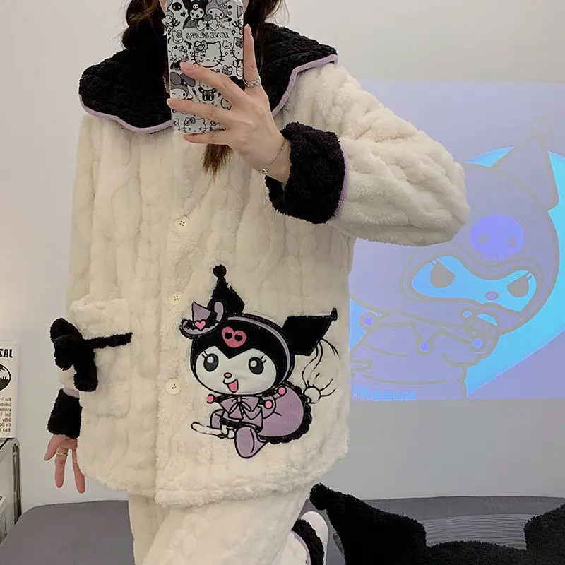 Klawaii Sanrio Kuromi Cute Coral Velvet Pajamas Women's Plush Thickened Flannel Household Suit In Autumn and Winter
Klawaii Sanrio Kuromi Cute Coral Velvet Pajamas Women's Plush Thickened Flannel Household Suit In Autumn and Winter