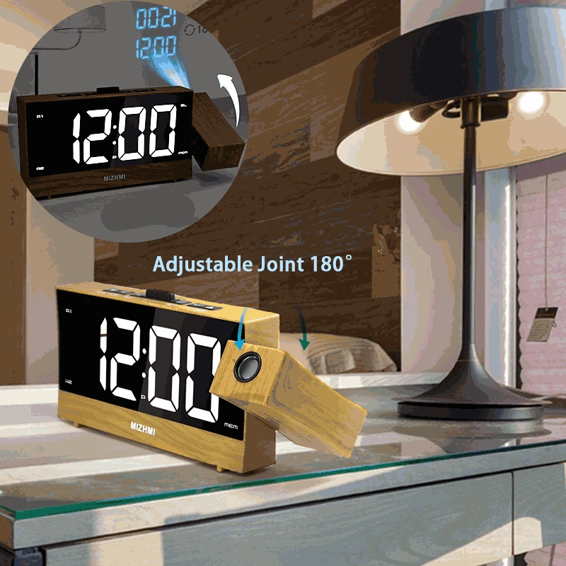 Projection Digital Alarm Clock LED Wooden Frame FM Radio Desktop Clock Electronic Snooze Bedroom USB Charge 180° Time Mute Watch
Projection Digital Alarm Clock LED Wooden Frame FM Radio Desktop Clock Electronic Snooze Bedroom USB Charge 180° Time Mute Watch