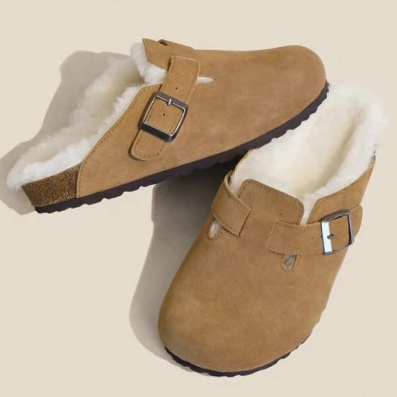 

Shevalues Fur Boston Clogs For Women Winter New Fashion Cork Insole Plush Slippers With Arch Support Cozy Home Furry Suede Mules