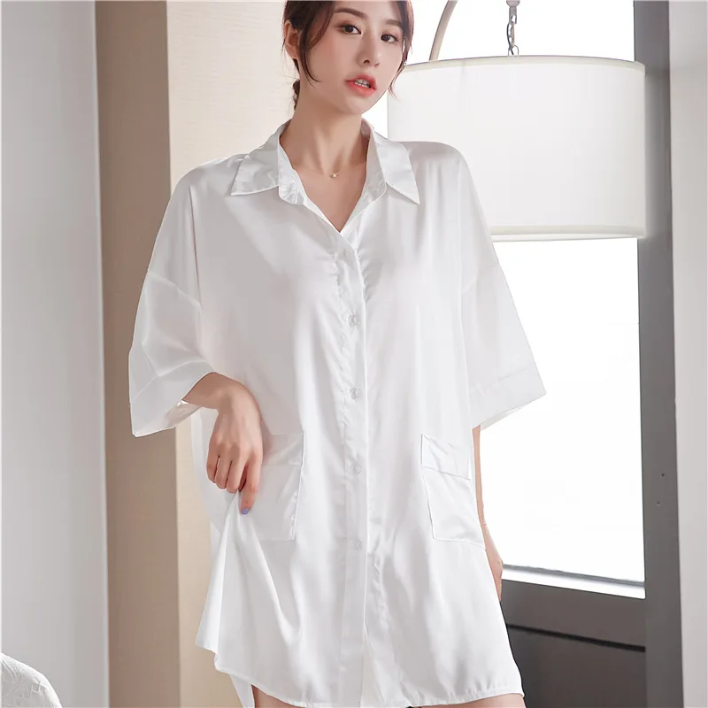 Summer New Women's Nightwear Sexy Boyfriend Shirt Night Dress Women Loose Satin Sleepwear Nightgown Short Lingerie Sleepshirts
Summer New Women's Nightwear Sexy Boyfriend Shirt Night Dress Women Loose Satin Sleepwear Nightgown Short Lingerie Sleepshirts