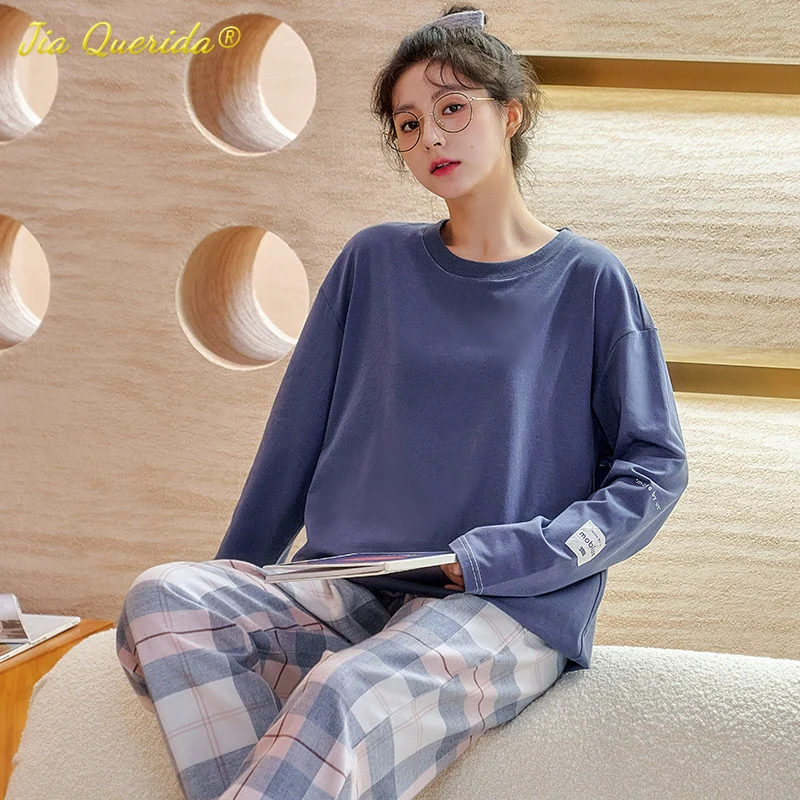 Young Girls New Fashion Autumn Winter Sleepwear Knitted Cotton Solid Pajamas for Women Blue Long Sleeve Plaid Pants Nightwear
Young Girls New Fashion Autumn Winter Sleepwear Knitted Cotton Solid Pajamas for Women Blue Long Sleeve Plaid Pants Nightwear