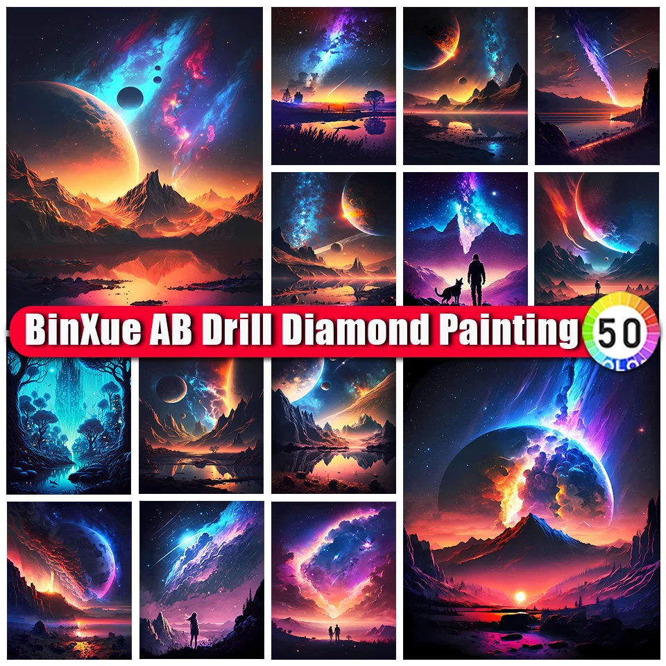 

BinXue Scenery Landscape Cloud AB Diamond Painting Kit Moon Planet Cross Stitch Aurora Lake Handmade DIY Diamond Mosaic Art Gift