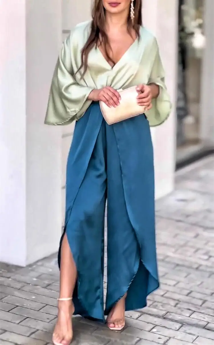 2022 Autumn Loose Large Size bat Sleeve V-neck Three-quarter Sleeve Shirt Irregular Wide-leg Pants Two-piece Women's
2022 Autumn Loose Large Size bat Sleeve V-neck Three-quarter Sleeve Shirt Irregular Wide-leg Pants Two-piece Women's