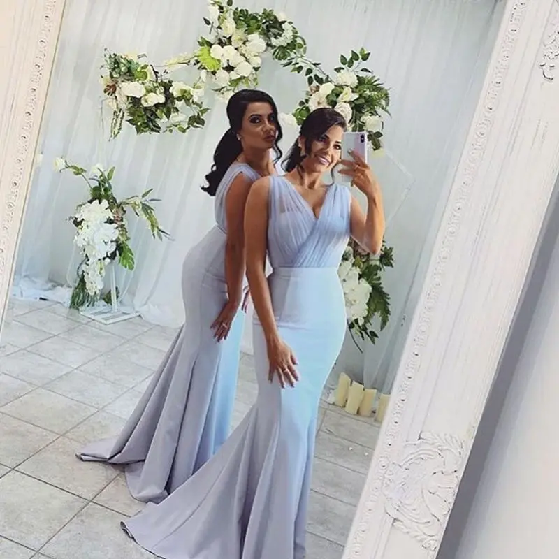 Sexy Mermaid Long Bridesmaid Dresses Sleeveless V-neck Light Blue Satin Women Wedding Party Dress Vestidos Formal Evening Prom G
Sexy Mermaid Long Bridesmaid Dresses Sleeveless V-neck Light Blue Satin Women Wedding Party Dress Vestidos Formal Evening Prom G