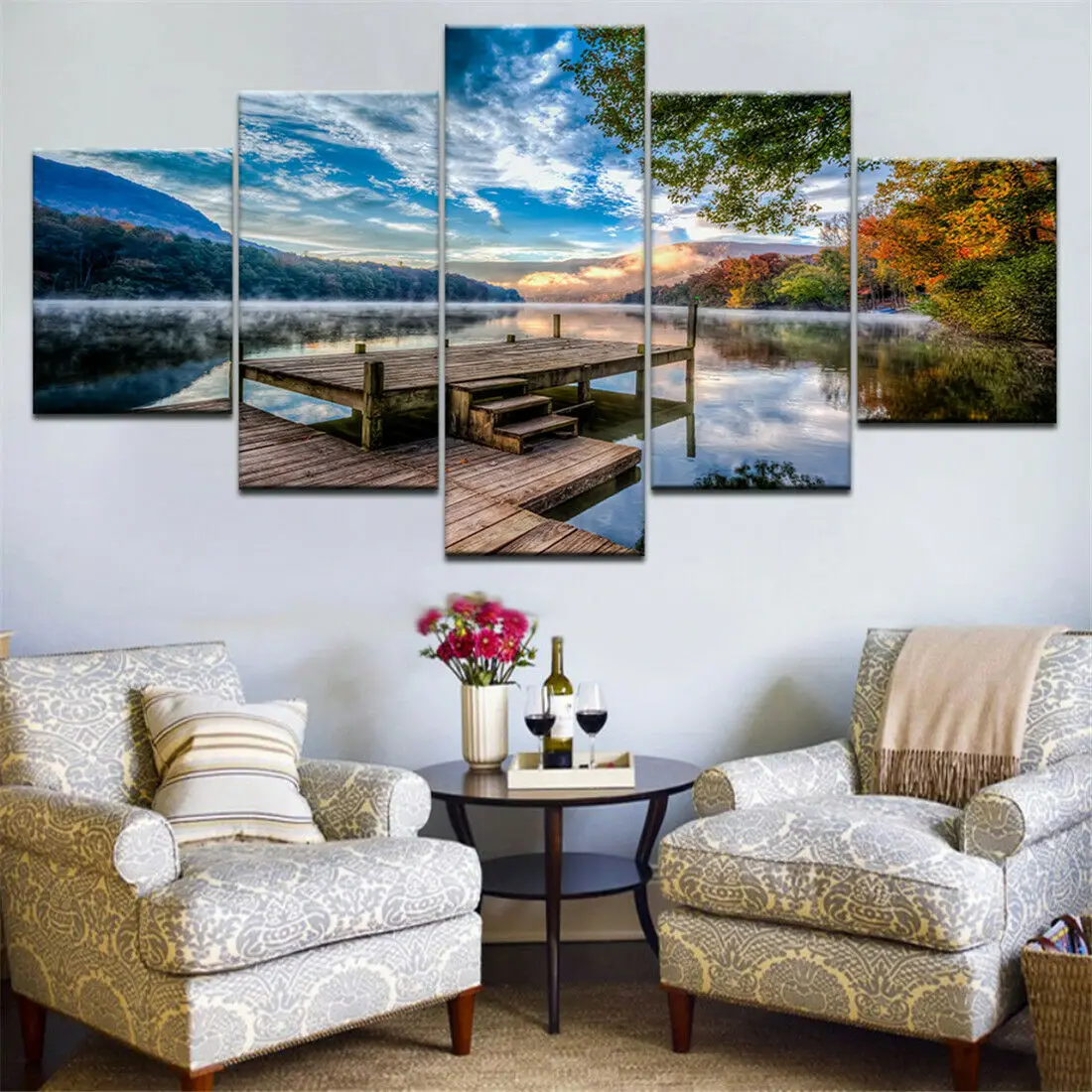 Картина на холсте для струйной печати HD, деревянная фотография озера, водное небо, 5 панелей, настенный художественный плакат, домашний декор, декор для комнаты