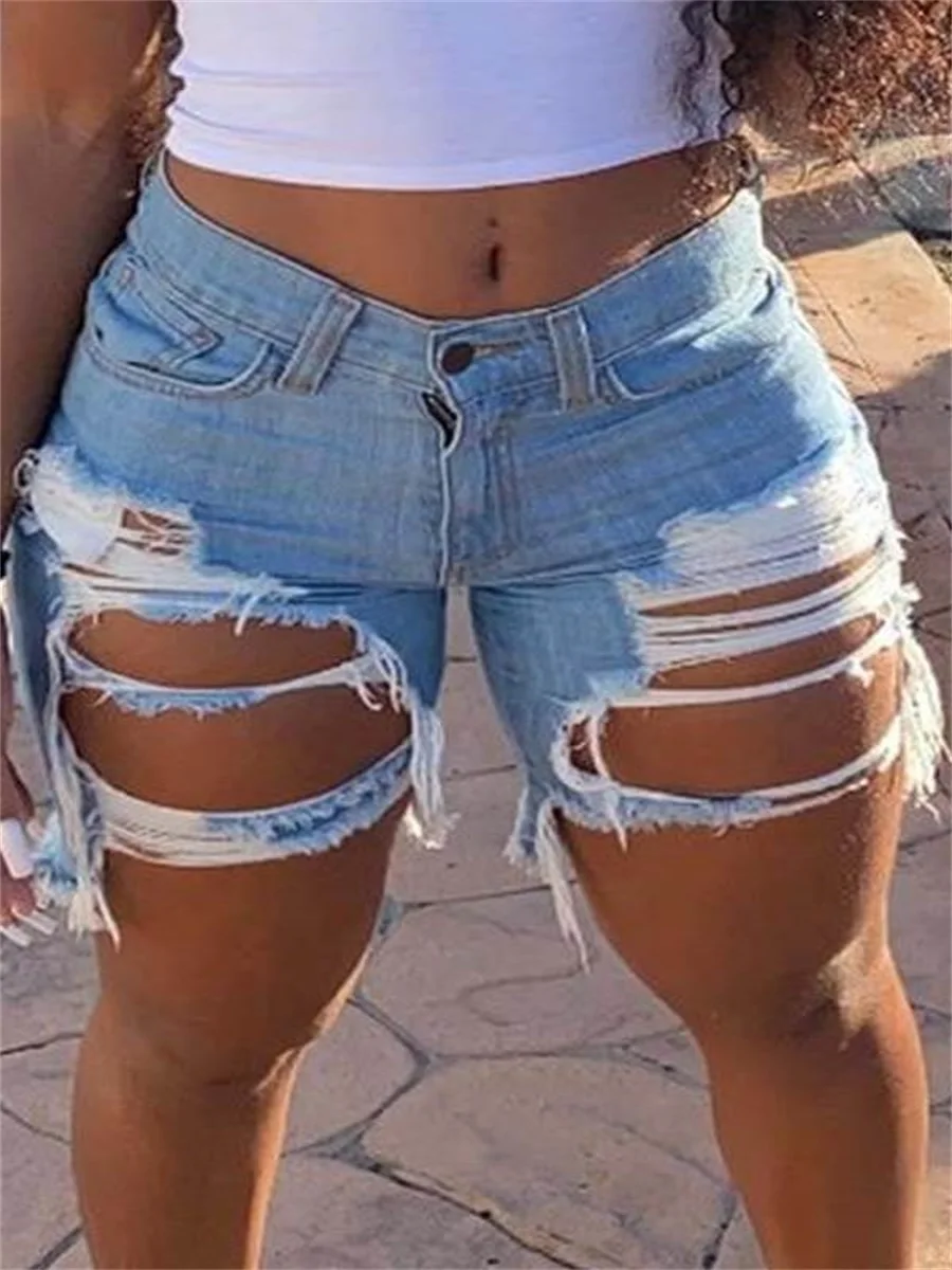 

LW Mid Waist Ripped Stylish Denim Shorts Women Casual Raw Hem Slash Pocket Skinny Pants Zipper Fly Button Up Trendy Streetwears