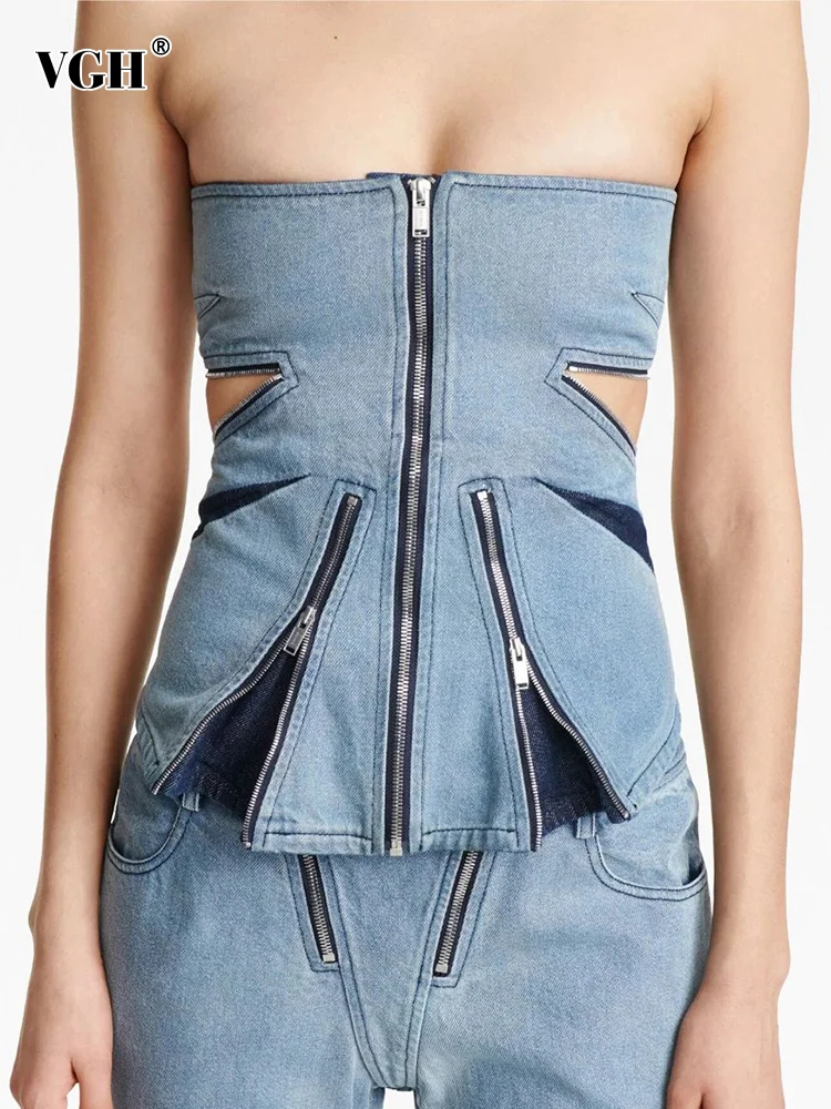 VGH Spliced Zipper Tank Tops For Women Strapless Sleeveless Slimming Hit Color Hollow Out Sexy Vest Female Summer Clothing New
VGH Spliced Zipper Tank Tops For Women Strapless Sleeveless Slimming Hit Color Hollow Out Sexy Vest Female Summer Clothing New