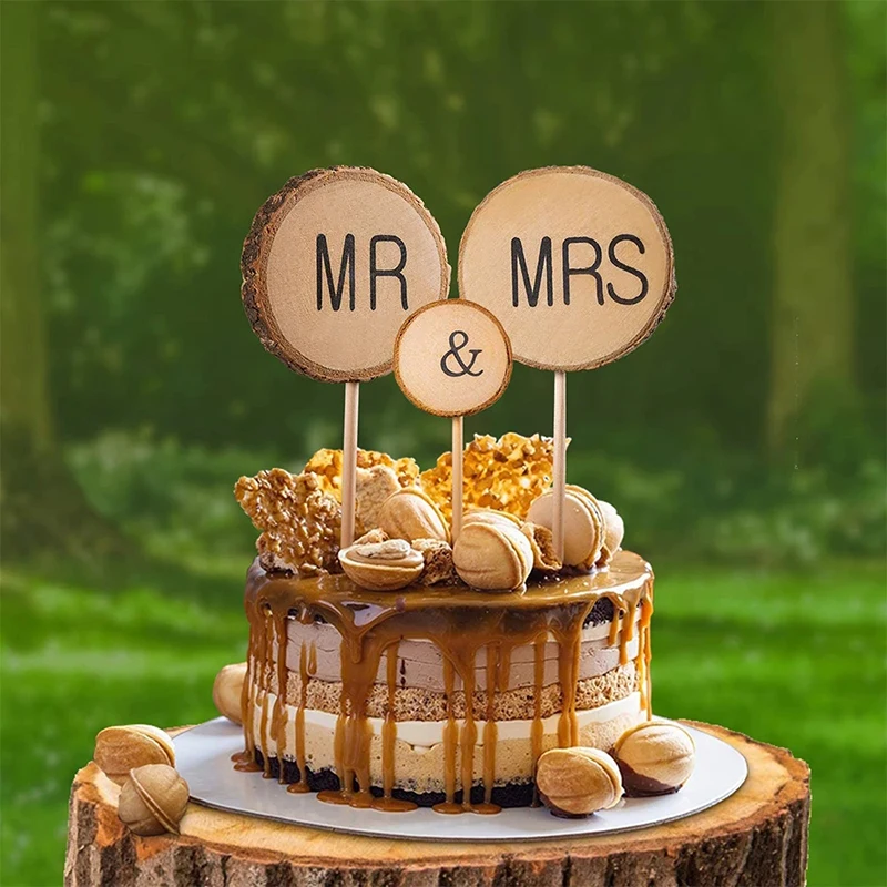 

3P Mr&Mrs Premium Wedding Cake Toppers Mr And Mrs Natural Wood Chic Rustic Party Sweetheart Birthday Valentine's Day Decoration