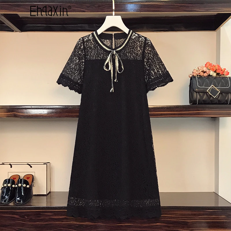 

EHQAXIN 2022 New Summer Ladies Dresses Fashion Korean Lace-Up Elegant Lace Hollow Stitching Short Sleeve Dress Womens L-5XL