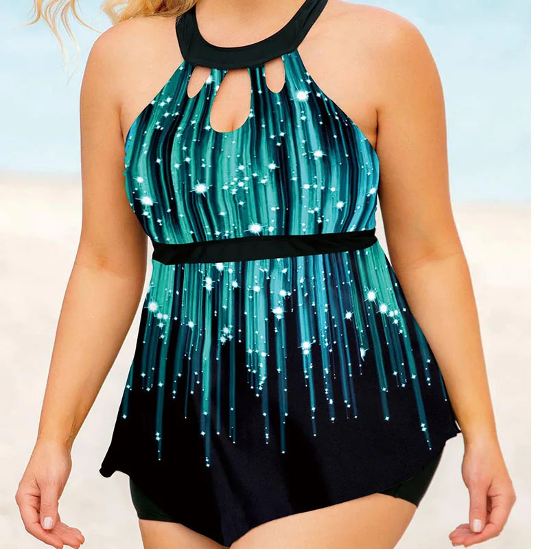 

DEKA Large Swimwear Women Plus Size Tankini Set Keyhole Neckline Flower Print Irregular Swimsuit With Shorts Vintage Beach Suit