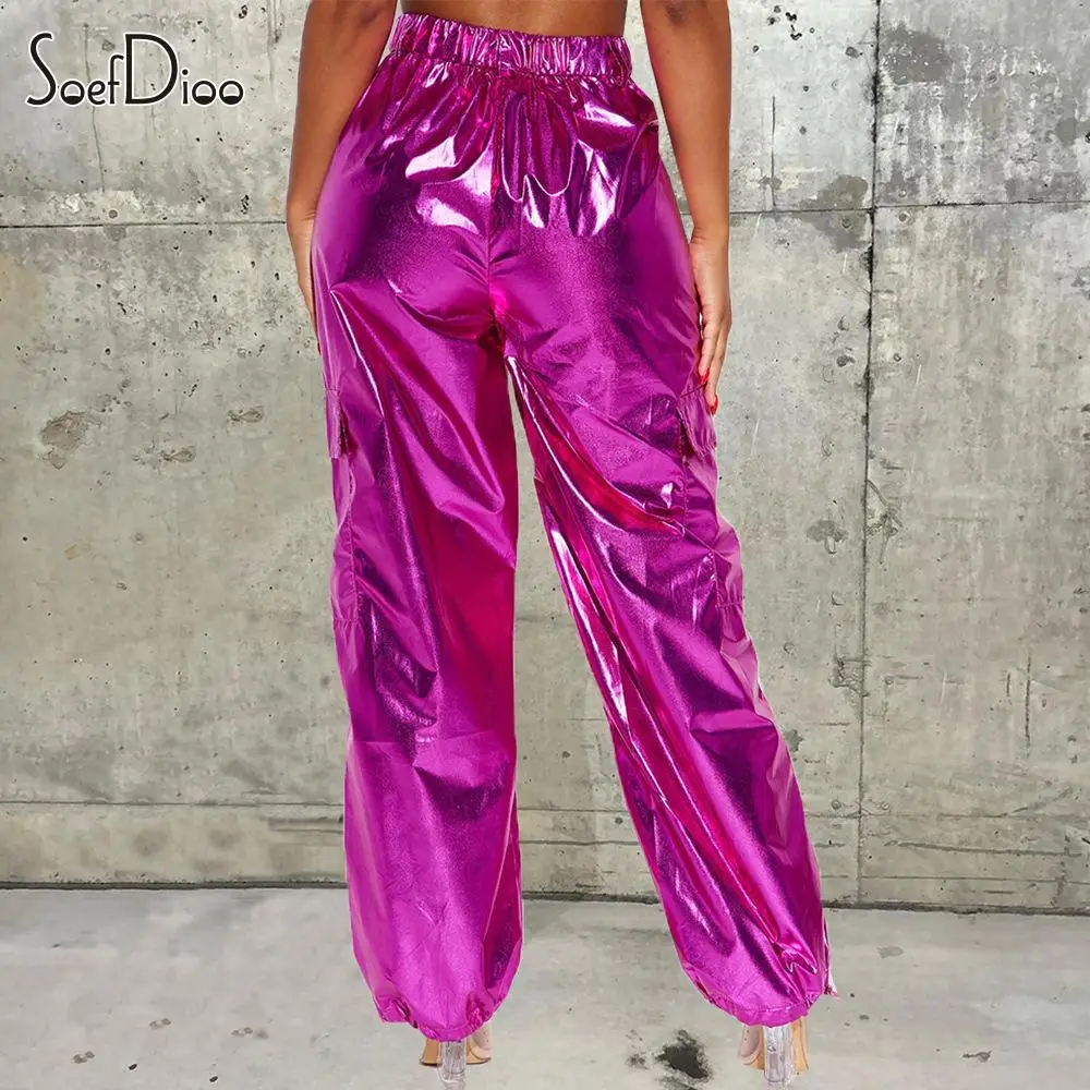 

Soefdioo Metal Shiny Multiple Pockets Fashion Strecth Wide Leg Jogger Pants Women Fall 2023 Hipster Streetwear Trousers Trending