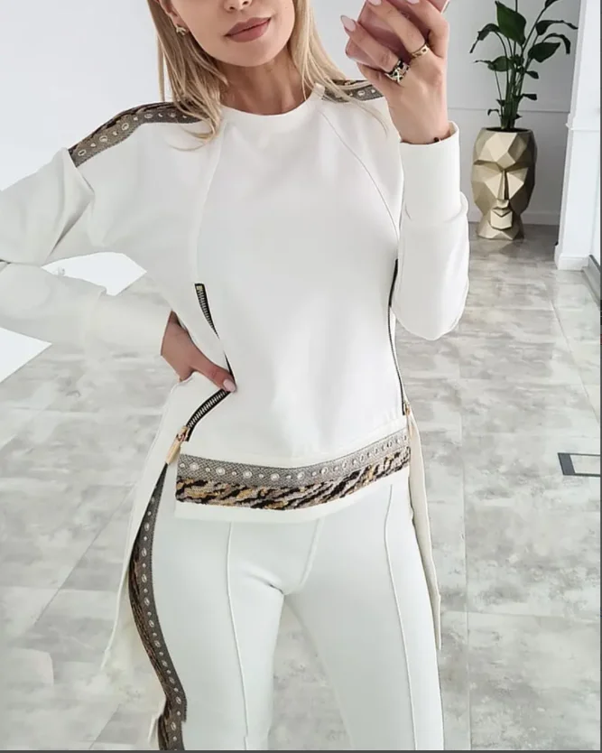

Women's Casual Two Piece Set 2022 Spring and Autumn New Contrasting Sequin Zip Detail High Low Hem Top and Pants Fashion Suit
