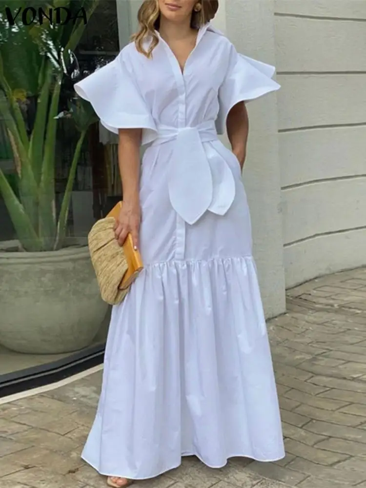 Party Vestidos VONDA Women Short Sleeve Ruffled Tunic Dress Ladies Solid Robe Spring Casual Lapel Collar Button Up Long Robes 
Party Vestidos VONDA Women Short Sleeve Ruffled Tunic Dress Ladies Solid Robe Spring Casual Lapel Collar Button Up Long Robes