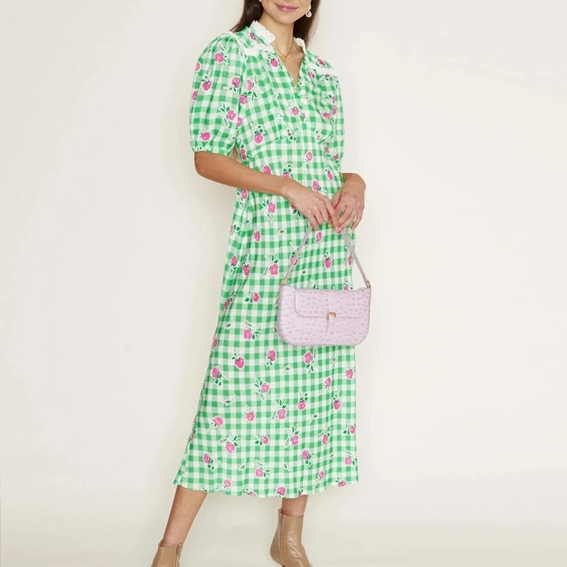 French Vintage V Neck Short Sleeve Midi Dress Wood Ear Rose Print Plaid Puff Sleeve Dress Women Summer Elegant Robe
French Vintage V Neck Short Sleeve Midi Dress Wood Ear Rose Print Plaid Puff Sleeve Dress Women Summer Elegant Robe