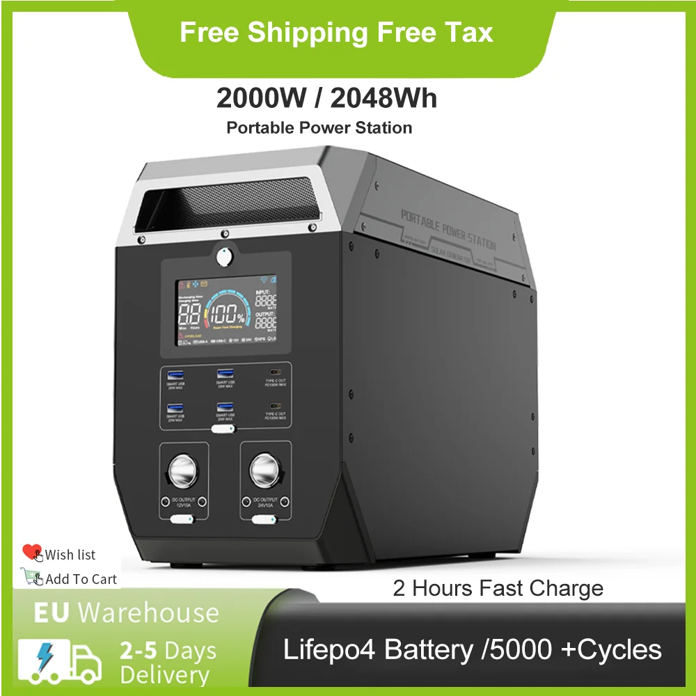 Solar Generator 2000W Portable Power Station 2048Wh LiFePO4 Battery AC Outlet 640000mAh For Camping Car RV Fast ship Tax Free
Solar Generator 2000W Portable Power Station 2048Wh LiFePO4 Battery AC Outlet 640000mAh For Camping Car RV Fast ship Tax Free