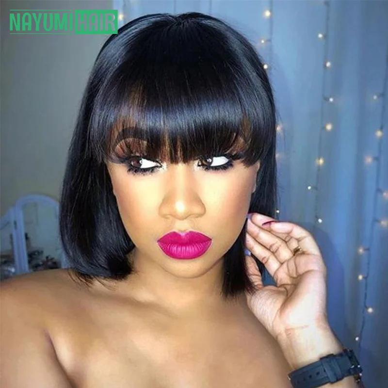 

Straight Wig With Bang Fringe Bob Human Hair Wig With Bangs For Women Brazilian Remy Hair Glueless Full Machine Made 180 Density