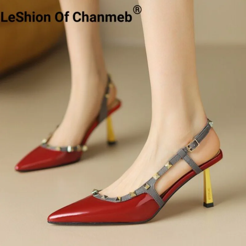 

Leshion Of Chanmeb Women Red Sandals Patent Leather Stiletto High Heels Studs Trim Sandal Ladies Punk Rivets Bordered Shoes Heel