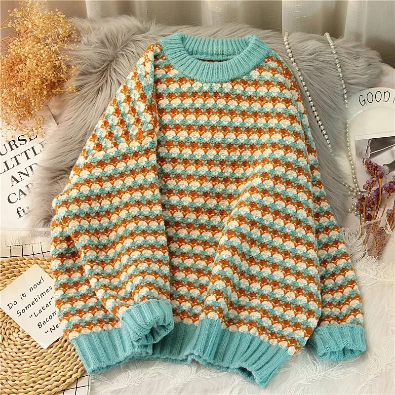 Women Sweater Pullover Chic Striped Sweater Winter Vintage Clothes Sweet Jumper Casual Loose Long Sleeve Knitwear Pull Femme Top
Women Sweater Pullover Chic Striped Sweater Winter Vintage Clothes Sweet Jumper Casual Loose Long Sleeve Knitwear Pull Femme Top