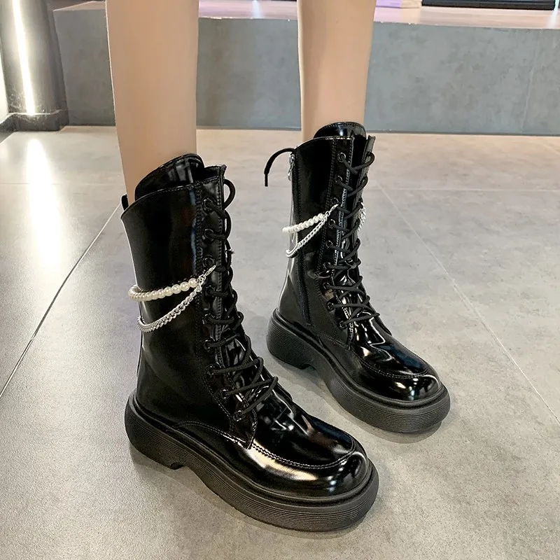 2021 Women Boots Punk Chain Beaded Thick Bottom Motorcycle Boots Lace-up Solid Color Winter Round Head Platform Woman Boots
2021 Women Boots Punk Chain Beaded Thick Bottom Motorcycle Boots Lace-up Solid Color Winter Round Head Platform Woman Boots