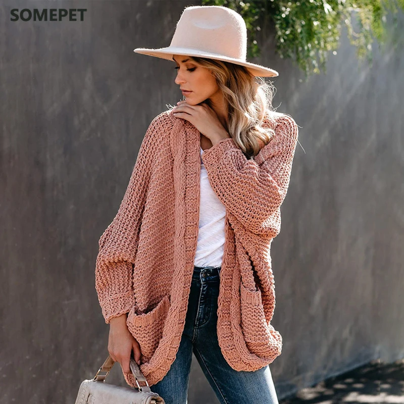 

Batwing Sleeve Knitted Cardigan Pockets Holiday Oversize Winter Coat Twist Loose Vintage Long Cardigans Women