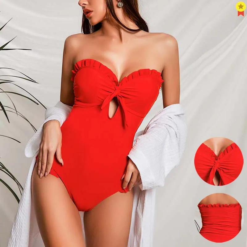 

Women's Ruffle Strapless Print Knot One Piece Swimsuit Bandeau Bathing Suit Slimming Tube Top Adjustable Swimwear Tummy Control