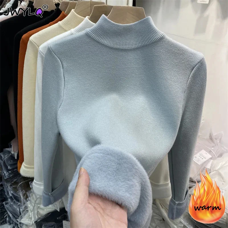 Winter Plus Velvet Half High Collar Warm Blue Knitted Top Korean Slim Soft Pullover Sweater Women All-match Thick Women Clothing
Winter Plus Velvet Half High Collar Warm Blue Knitted Top Korean Slim Soft Pullover Sweater Women All-match Thick Women Clothing