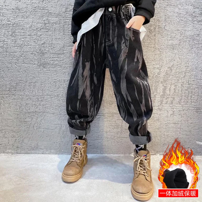 

Children Boy Winter Fleece Pant Kids Casual Cotton Printed Velvet Trousers Boys Autumn Sport Pants for Teenager 130 140 150 160