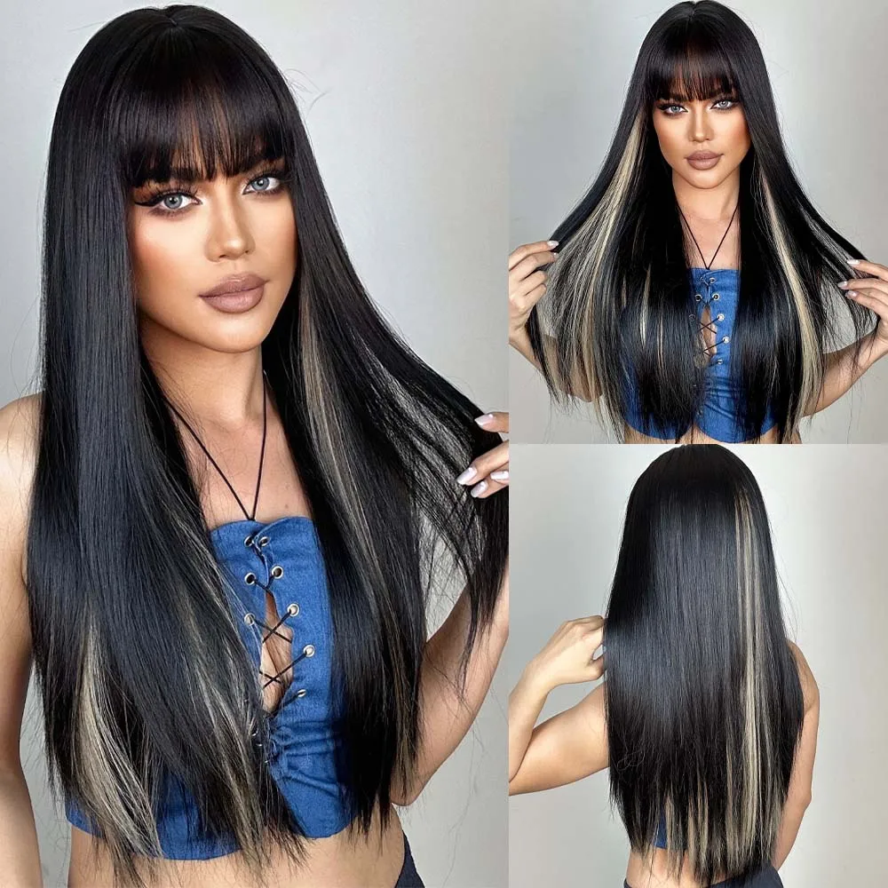 

Long Straight Black Blonde Hightlight Synthetic Wigs with Bang for Women Afro Dark Cosplay Hair Natural Wig Daily Heat Resistant