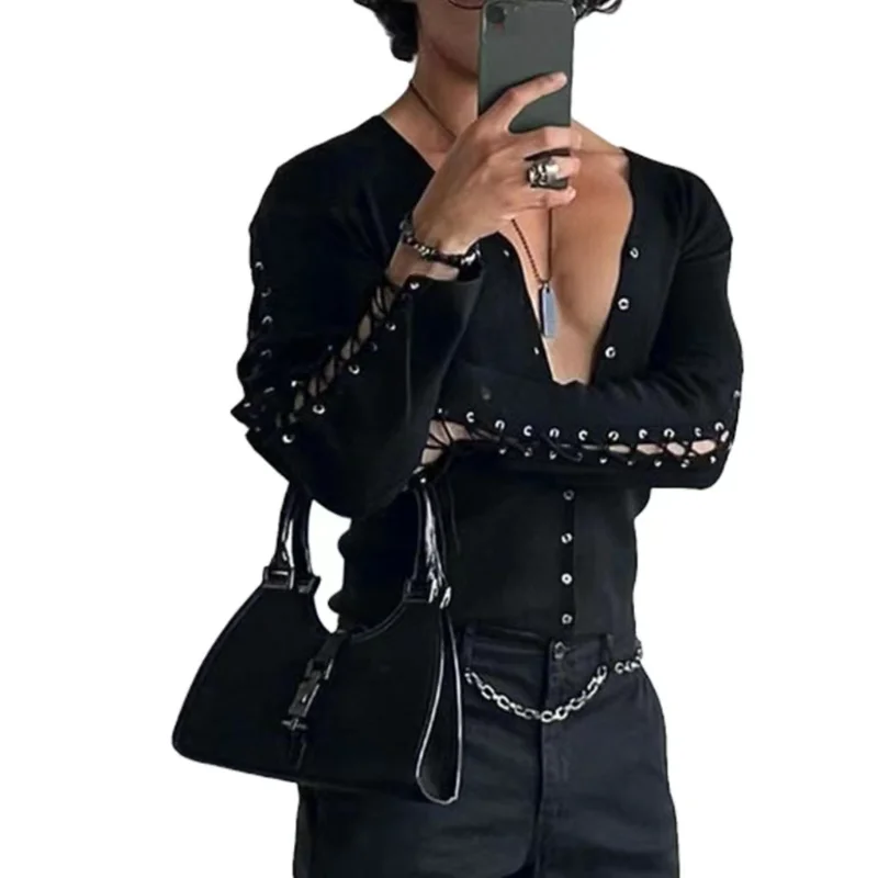 Мужская рубашка с V-образным вырезом и длинным рукавом, на шнуровке 
Мужская рубашка с V-образным вырезом и длинным рукавом, на шнуровке