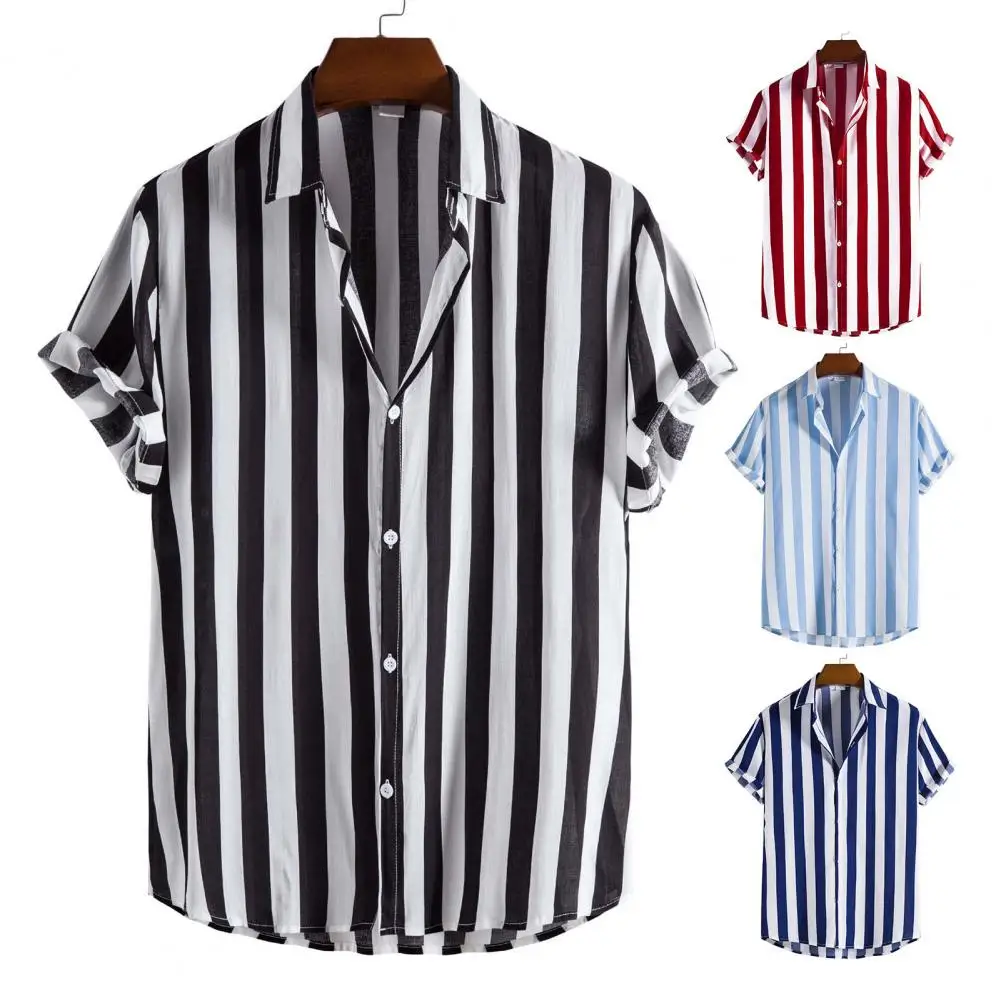 

Popular Shirt Turndown Collar Hawaii Temperament Vertical Stripe Buttons Shirt