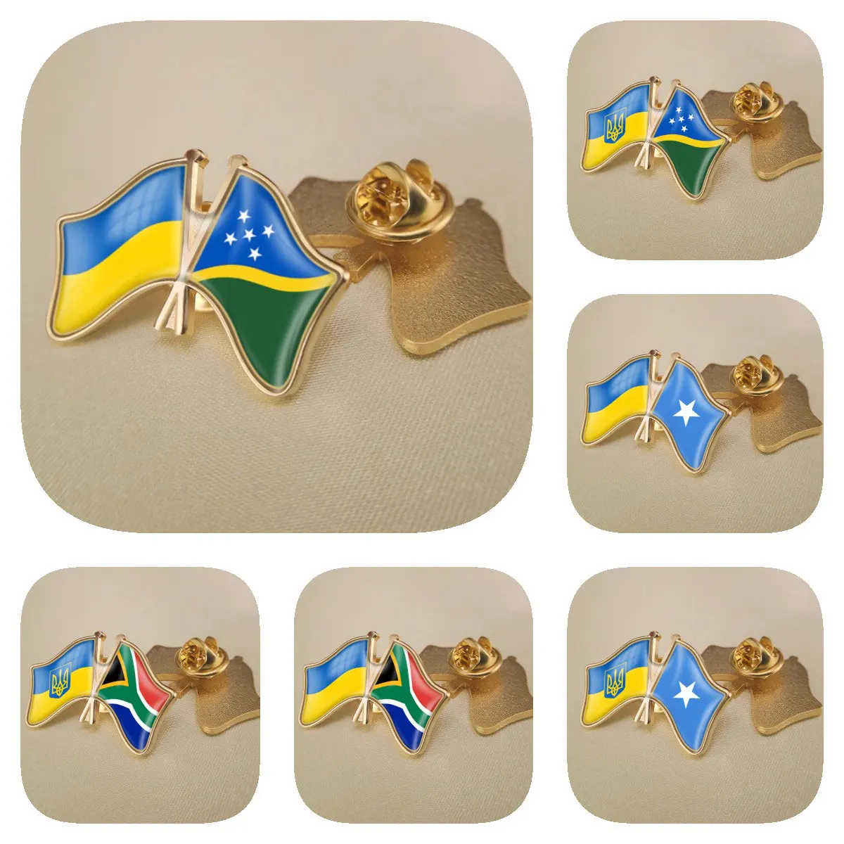 

Ukraine and Solomon Islands Somalia South Africa Double Crossed Friendship Flags Brooches Lapel Pins Bradges
