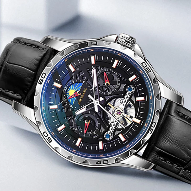 AOKULASIC New Male Tourbillon Mechanical Watches Automatic Wristwatch Mens Hollow Out Clock Luminous Moon Phase Waterproof Watch
AOKULASIC New Male Tourbillon Mechanical Watches Automatic Wristwatch Mens Hollow Out Clock Luminous Moon Phase Waterproof Watch