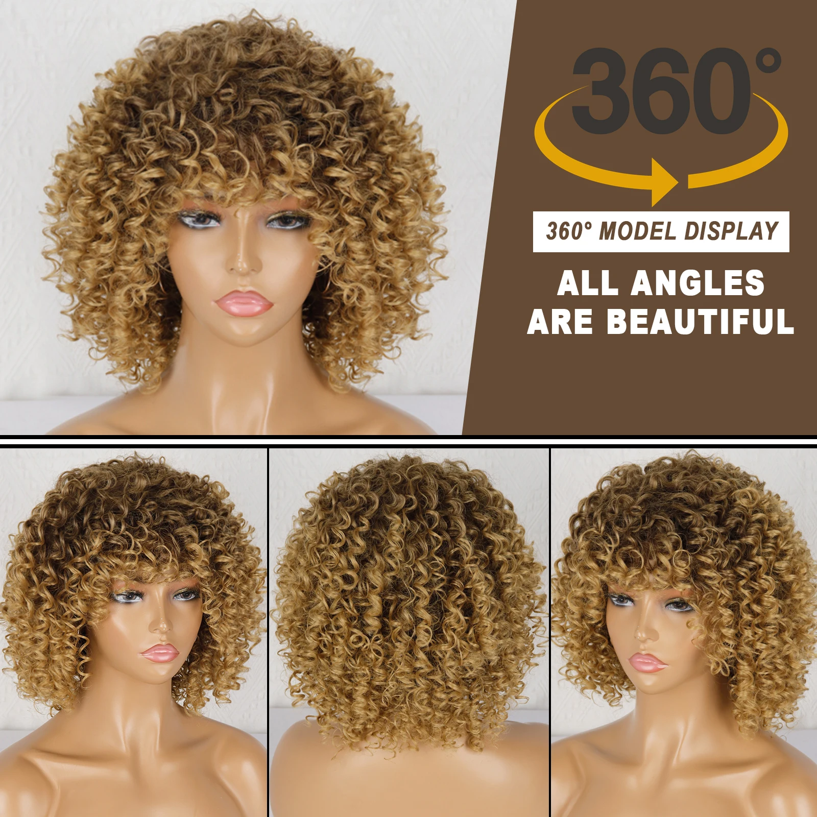 Short Curly Blonde Wig For Black Women Afro Kinky With Bangs Synthetic Natural Glueless Ombre Brown Cosplay | Шиньоны и парики