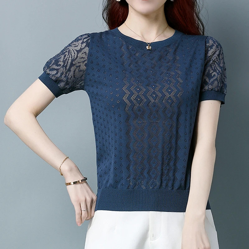 Summer Hollow Ice Silk Knitted Blouse Fashion Short Sleeve Loose Lace T-shirt Casual Bottom Tops O-neck Breathable Shirt 27042 
Summer Hollow Ice Silk Knitted Blouse Fashion Short Sleeve Loose Lace T-shirt Casual Bottom Tops O-neck Breathable Shirt 27042
