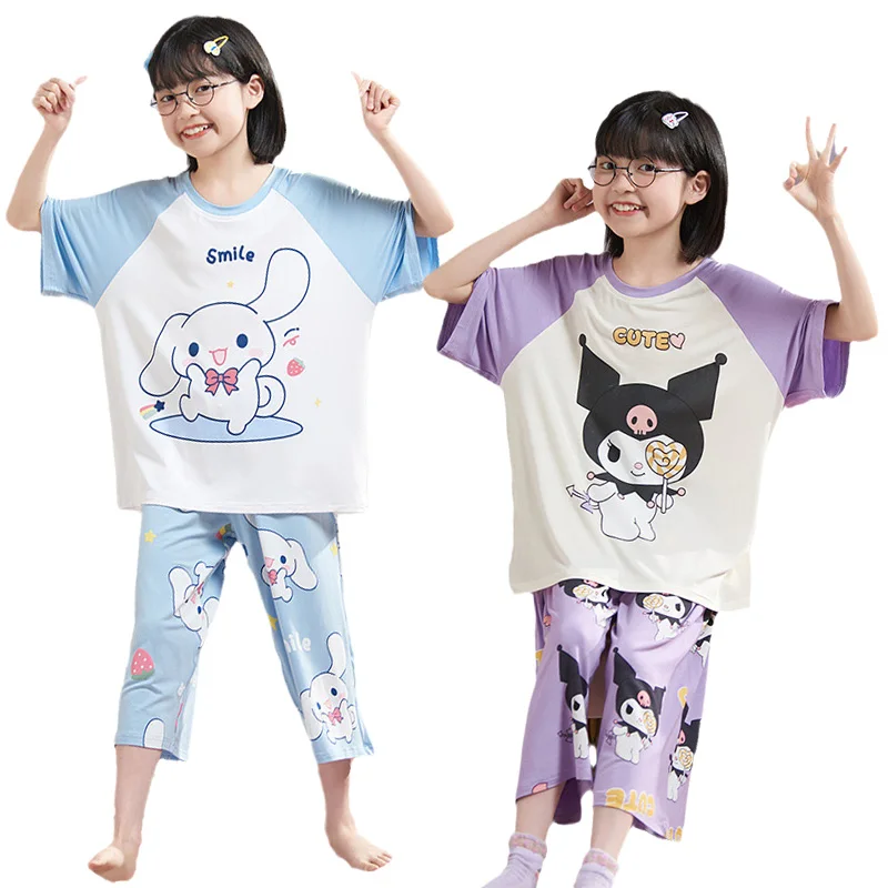 Летняя Детская Пижама Sanrios, милые укороченные штаны с короткими рукавами в стиле аниме, мимелоди и куроми, милая домашняя одежда для девочек 
Летняя Детская Пижама Sanrios, милые укороченные штаны с короткими рукавами в стиле аниме, мимелоди и куроми, милая домашняя одежда для девочек