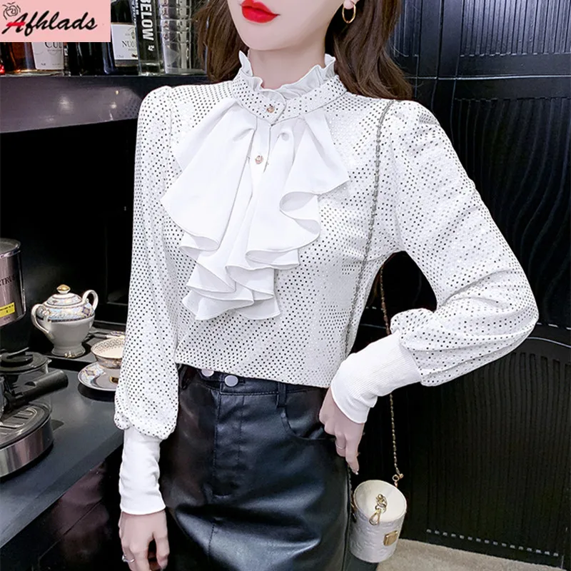 Puff Long Sleeve Chiffon Shirt Sweet Spring And Autumn Solid Color Diamonds Ruffles Patchwork Stand Collar Women Slim Blouse
Puff Long Sleeve Chiffon Shirt Sweet Spring And Autumn Solid Color Diamonds Ruffles Patchwork Stand Collar Women Slim Blouse