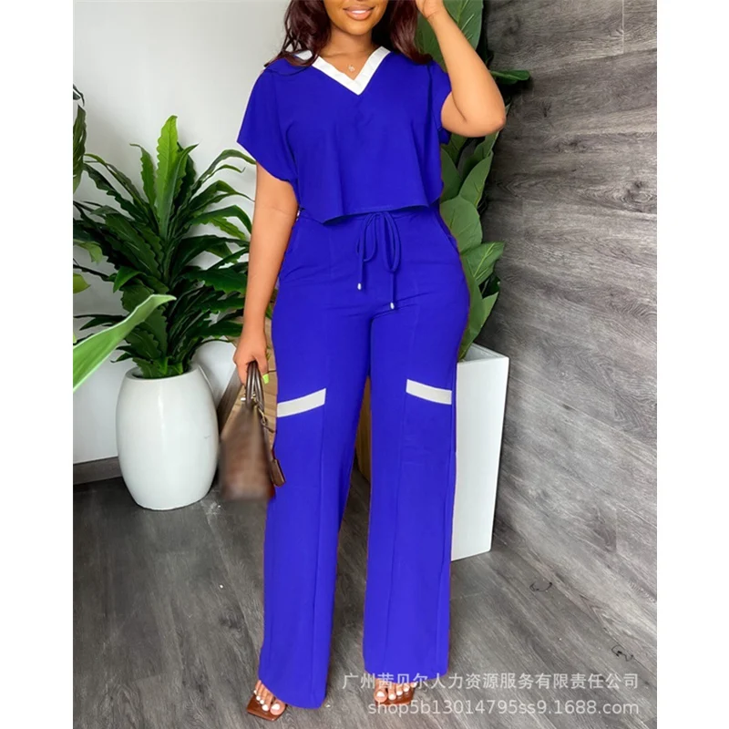 Женский Повседневный костюм из топа с V-образным вырезом и прямых брюк 
Женский Повседневный костюм из топа с V-образным вырезом и прямых брюк