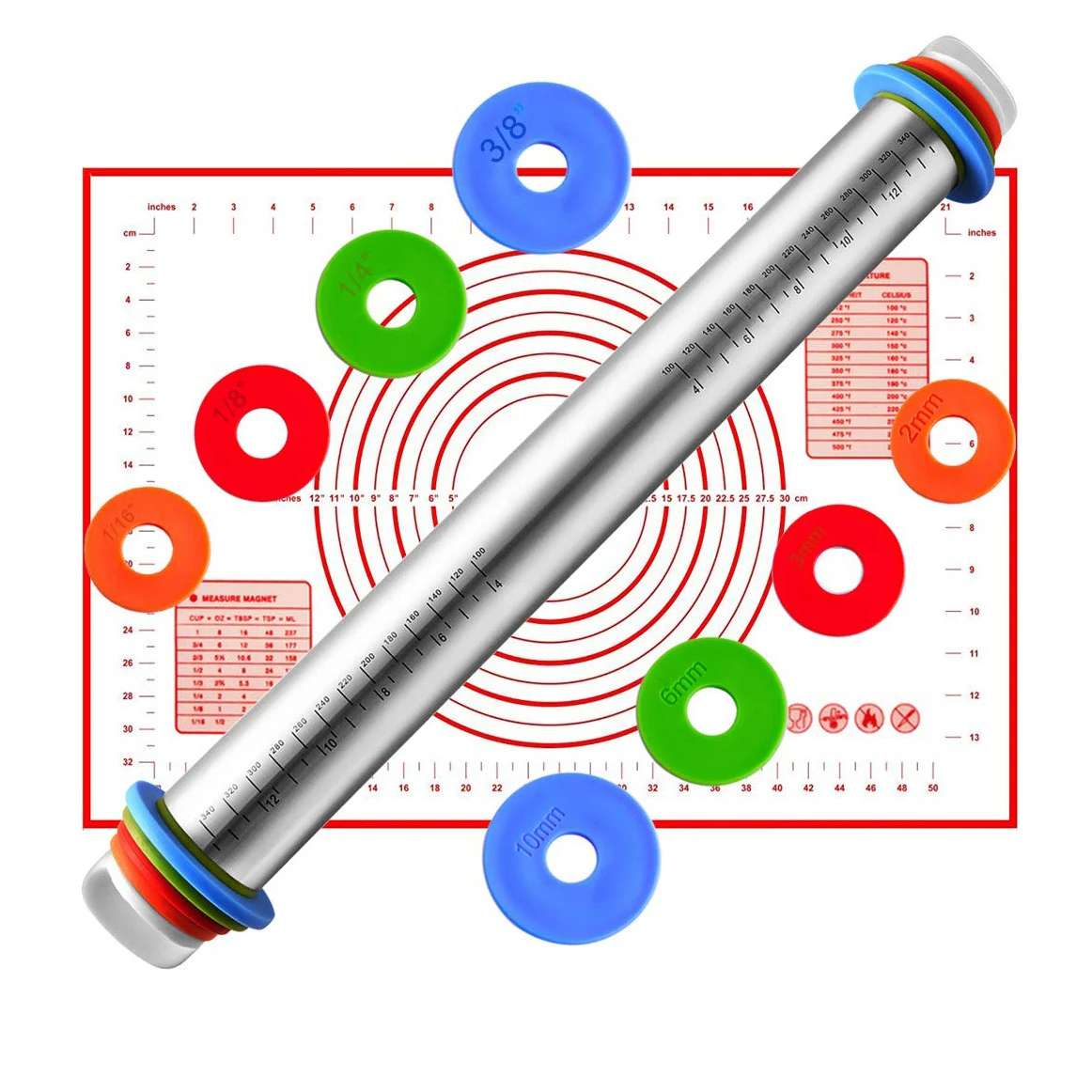 Pizza Cookies Silicone Baking Pastry Mat Set Adjustable Stainless Steel Dough Roller Rolling Pin with Adjustable Thickness Rings
Pizza Cookies Silicone Baking Pastry Mat Set Adjustable Stainless Steel Dough Roller Rolling Pin with Adjustable Thickness Rings