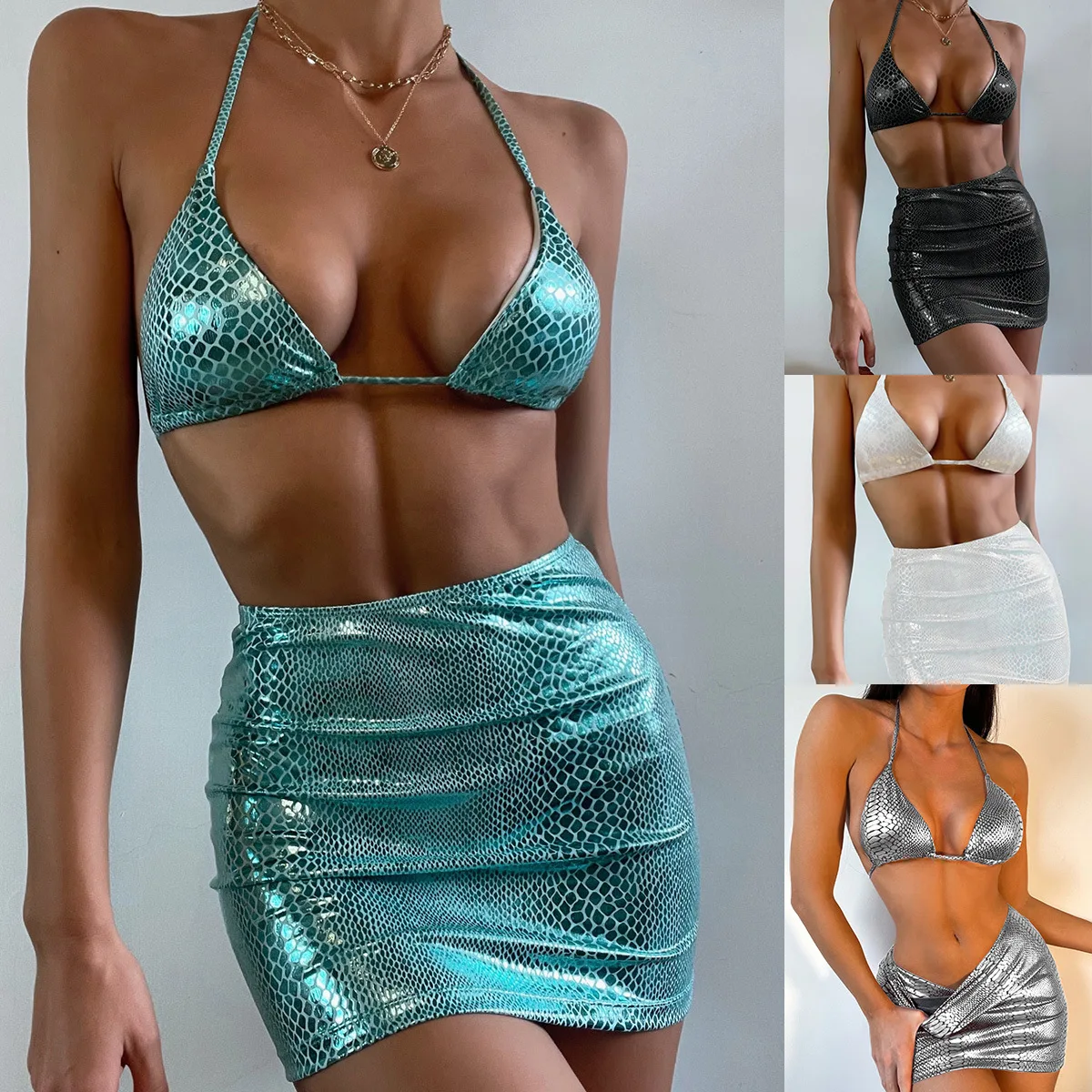 

2022 Sexy Three Piece Bikini Set Women Snake Print Swim Suits with Skirt Tanga Swimwear Coverup for Lady BeachWear Micro Bikini