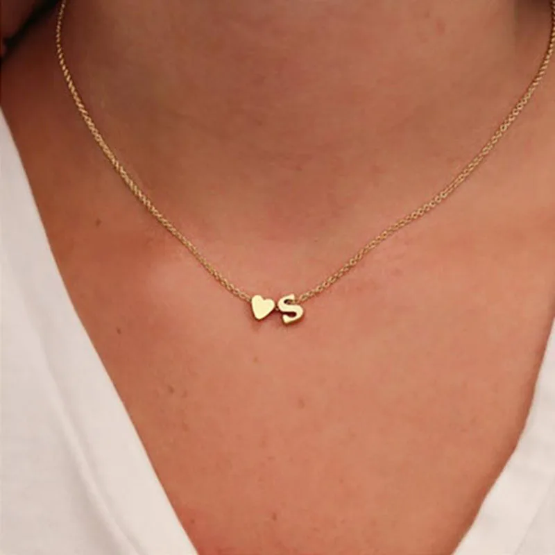 

2 Style Fashion Tiny Heart Dainty Initial Necklace Gold Silver Color Letter Name Choker Necklace For Women Pendant Jewelry Gift