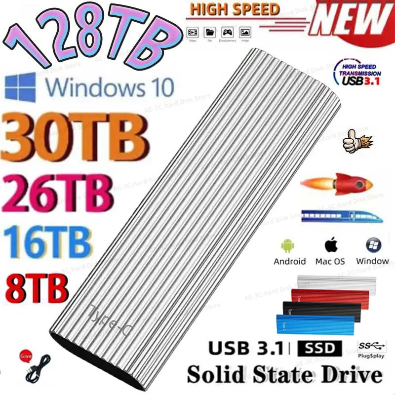 

2023 портативный мини SSD 64 ТБ 16 Тб Type-C/USB3.1 внешний твердотельный накопитель высокоскоростной 8 ТБ 4 ТБ жесткий диск для ноутбука жесткий диск