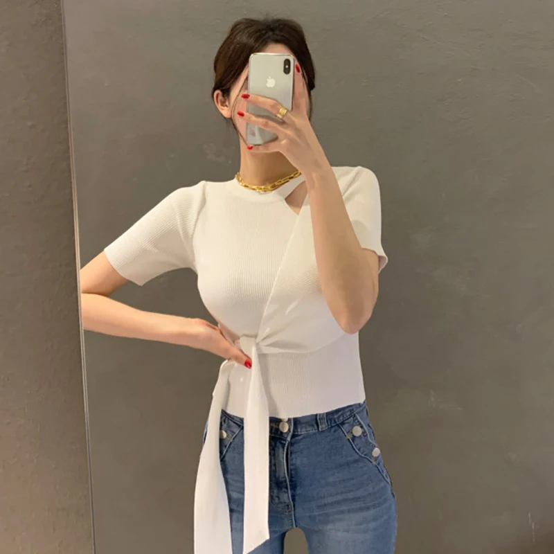 Women's Korean Knitting Sweater Irregular Round Neck Hollow Out Short Sleeve Lacing Self Cultivation Casual Tops Ladies Summer
Women's Korean Knitting Sweater Irregular Round Neck Hollow Out Short Sleeve Lacing Self Cultivation Casual Tops Ladies Summer